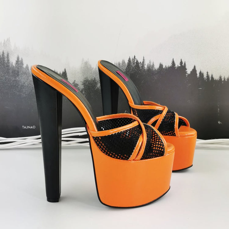 Matte Orange Black Spider Strap Mules - Tajna Club