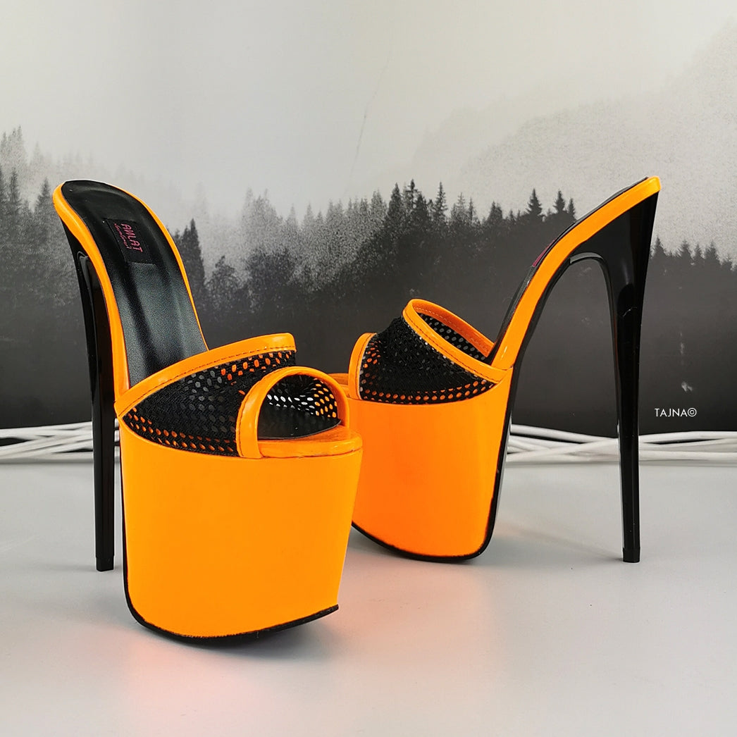 Orange Gloss Black Spider Strap Mules - Tajna Club