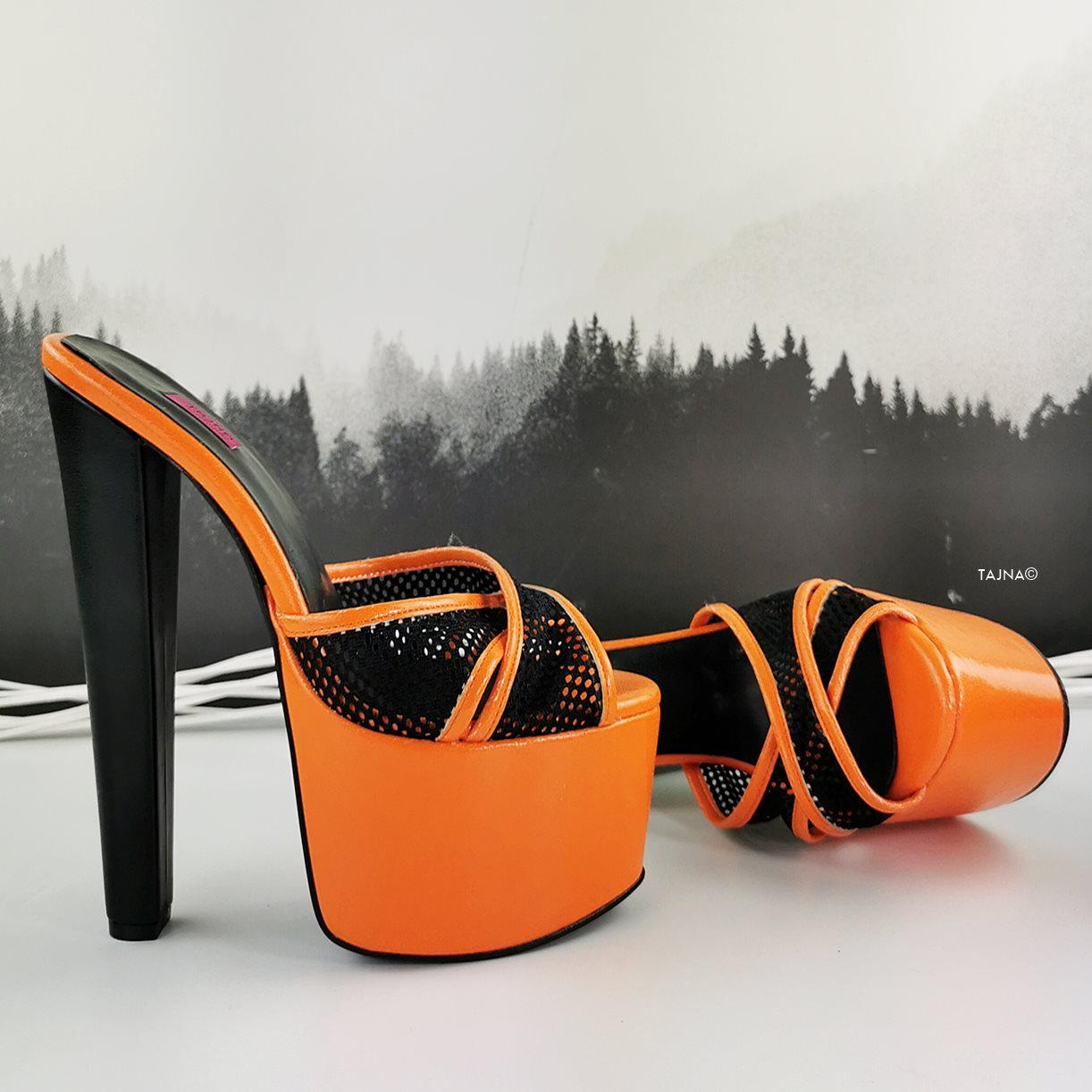 Matte Orange Black Spider Strap Mules - Tajna Club