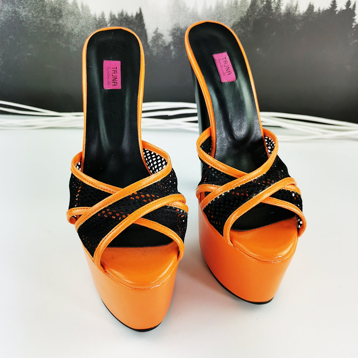 Matte Orange Black Spider Strap Mules - Tajna Club