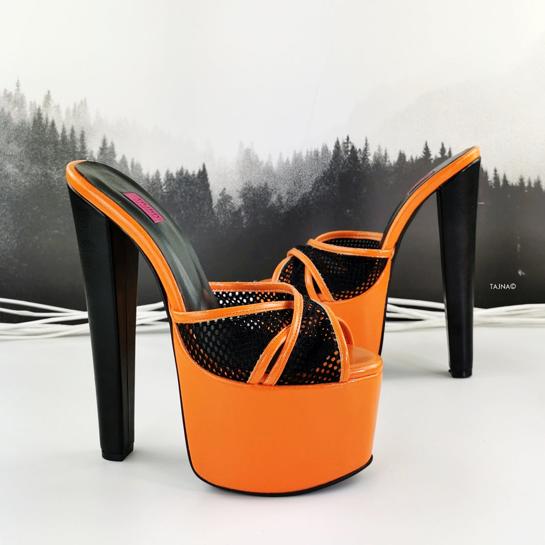 Matte Orange Black Spider Strap Mules - Tajna Club