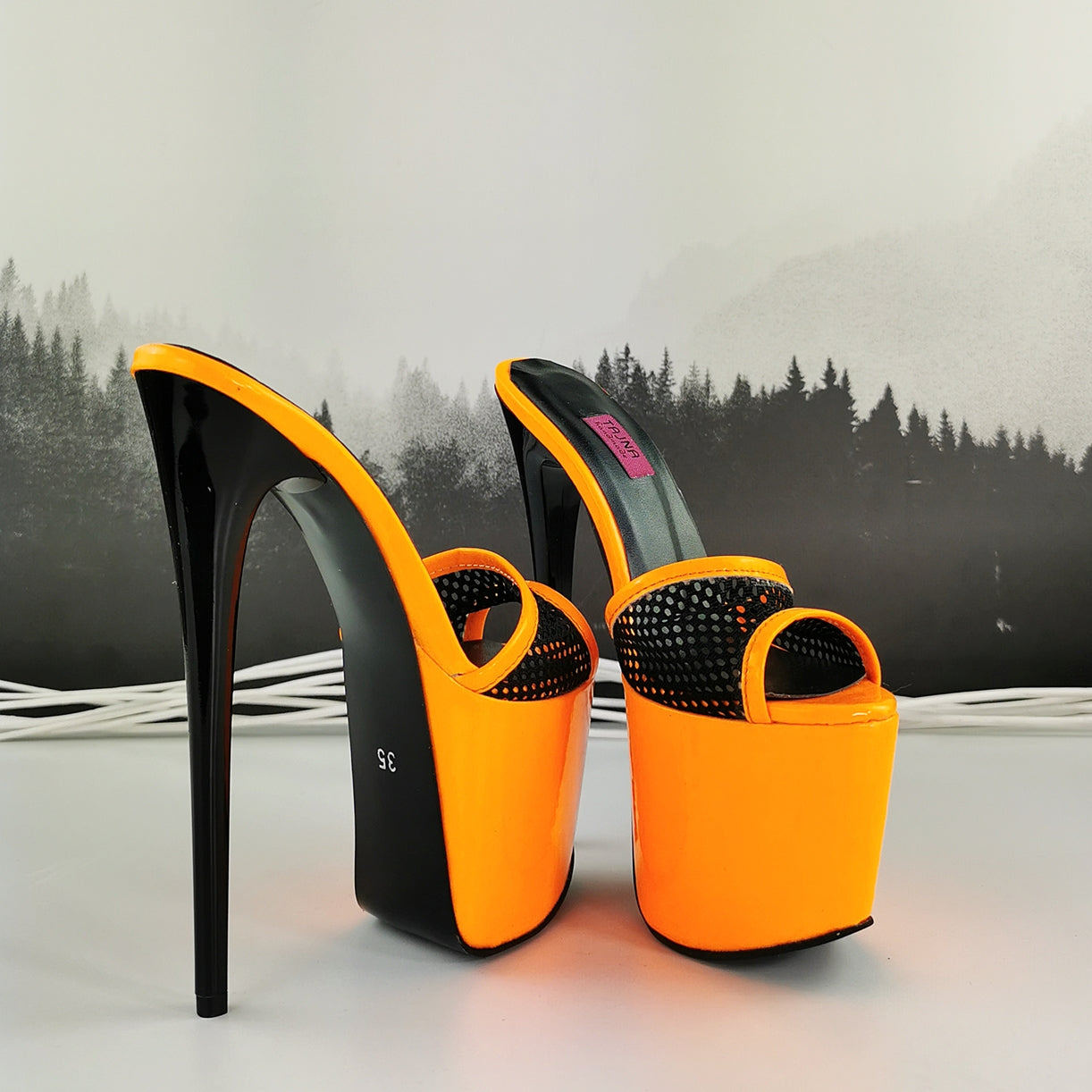 Orange Gloss Black Spider Strap Mules - Tajna Club