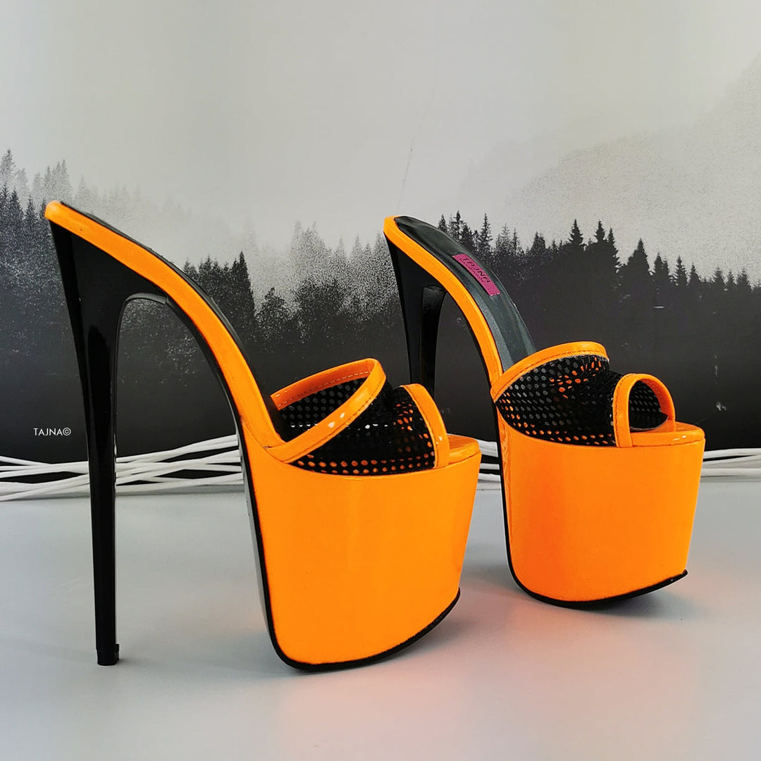 Orange Gloss Black Spider Strap Mules - Tajna Club