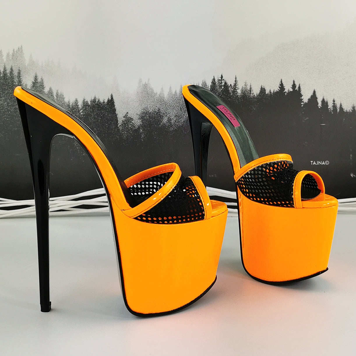 Orange Gloss Black Spider Strap Mules - Tajna Club