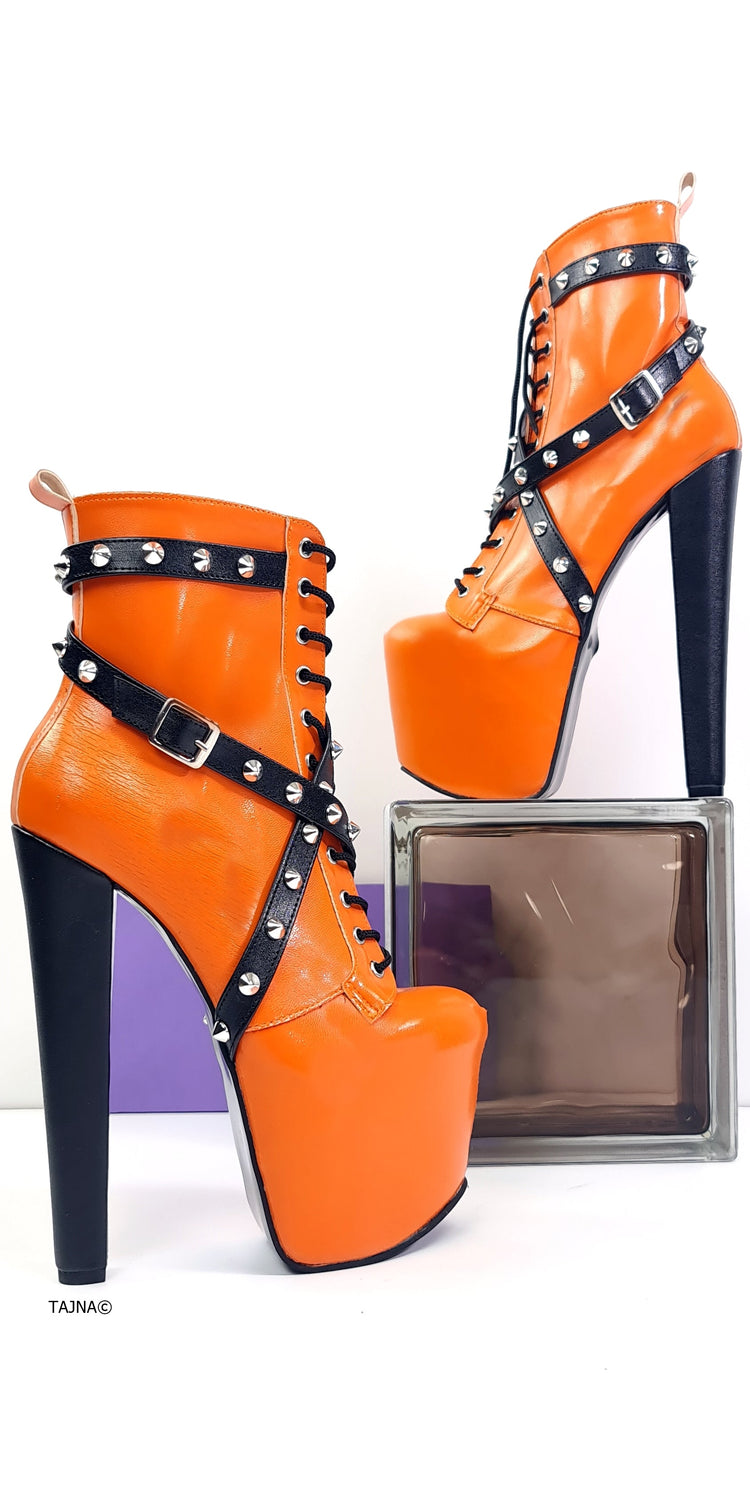 Orange Matte Spike Rocker Boots Tajna Club