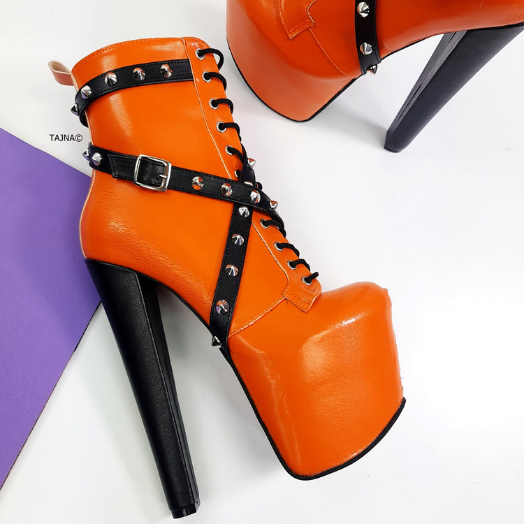 Orange Matte Spike Rocker Boots Tajna Club