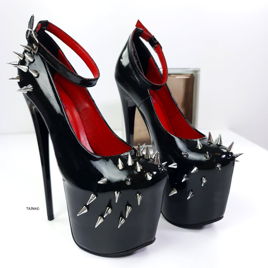 Black Gloss Long Spike Ankle Strap Heels