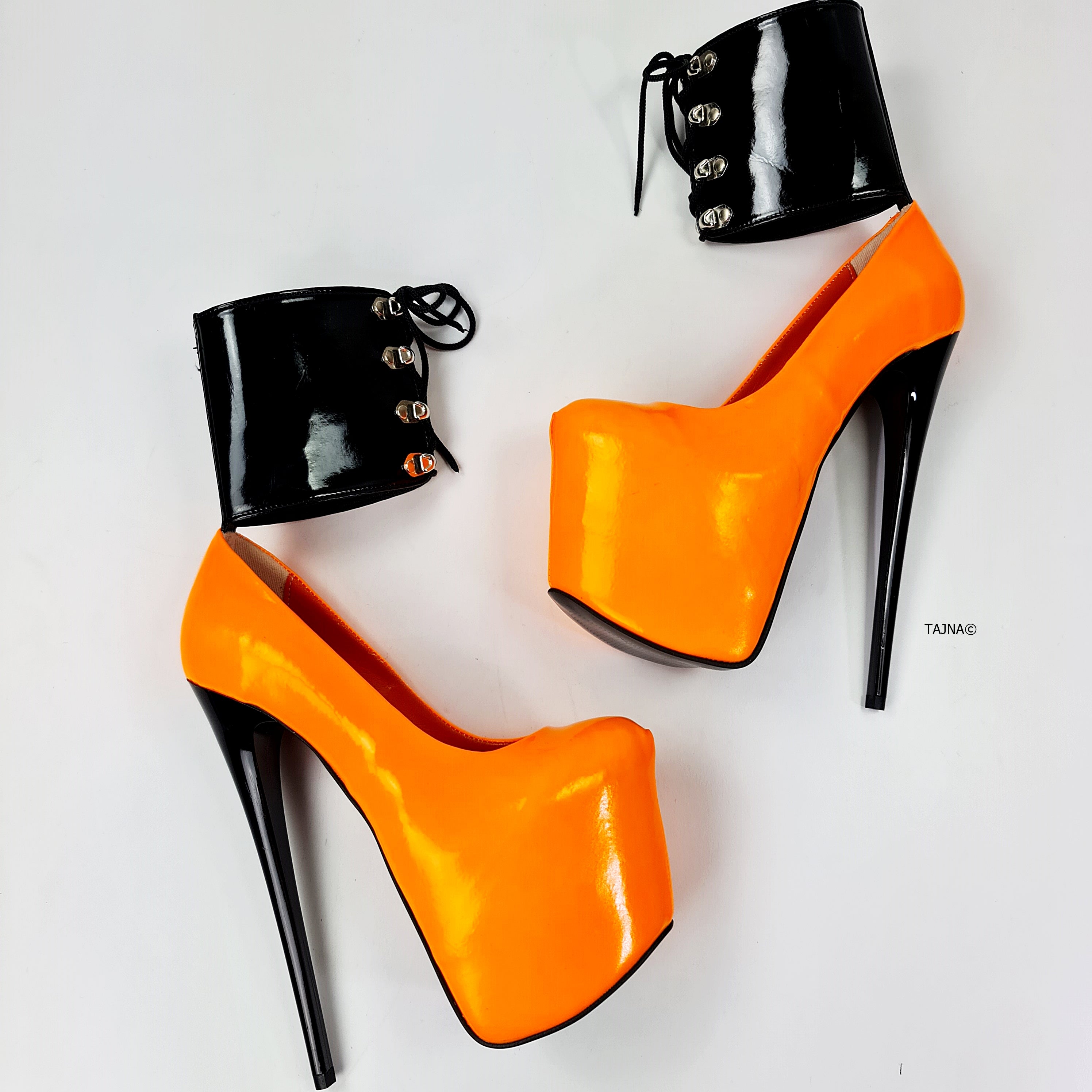 Orange Ankle Cuff Pink High Heel Bondage Shoes