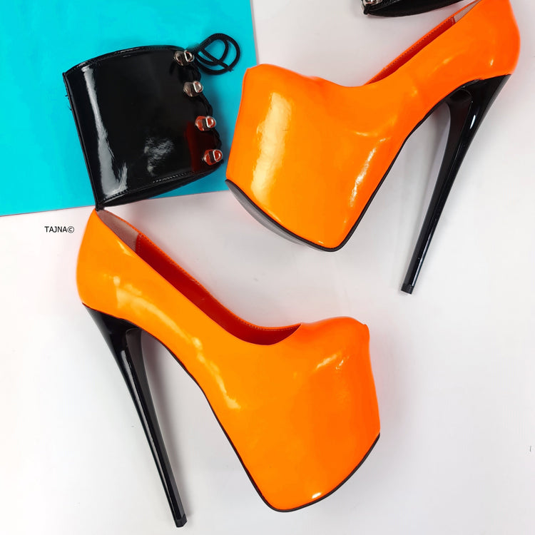 Orange Ankle Cuff Pink High Heel Bondage Shoes