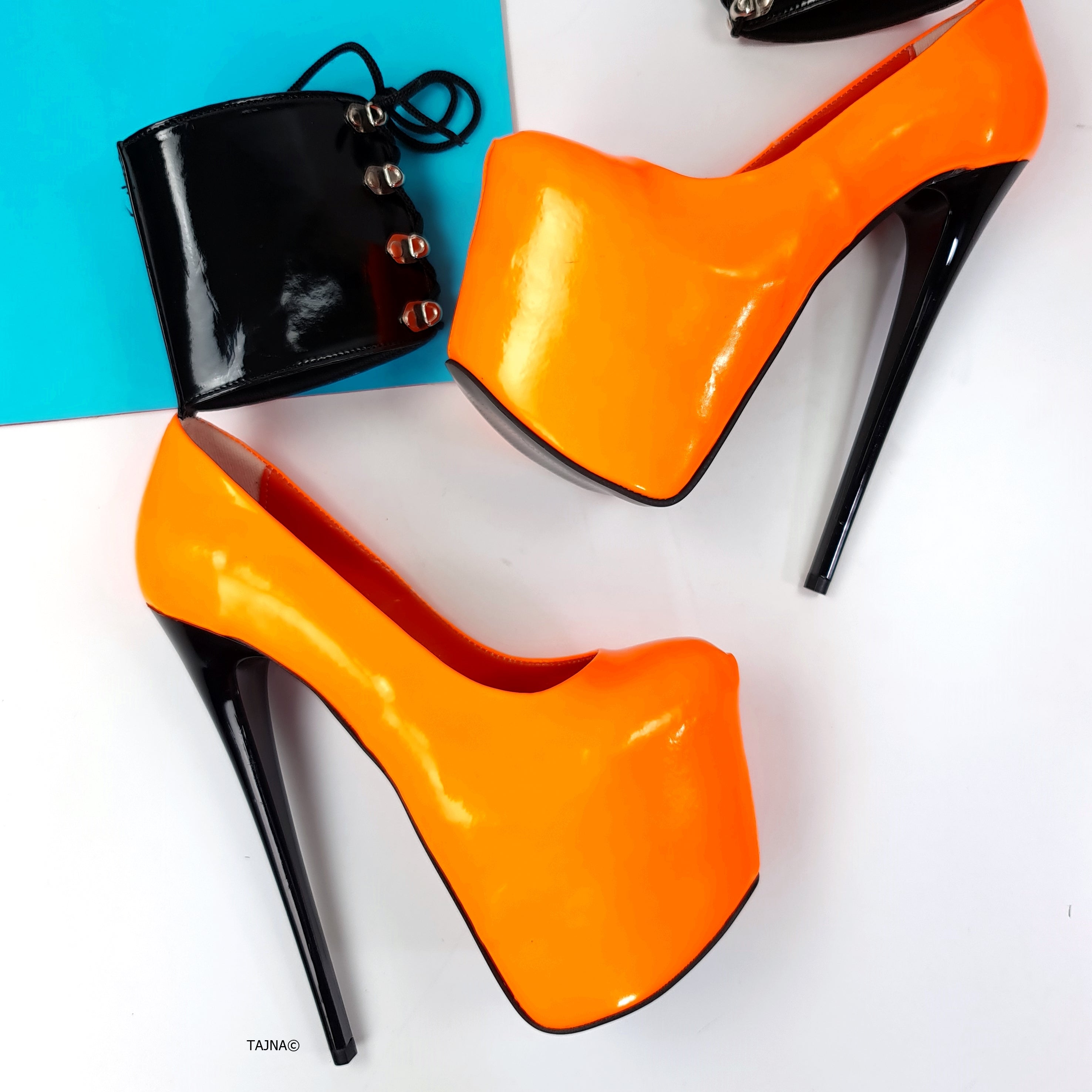 Orange Ankle Cuff Pink High Heel Bondage Shoes