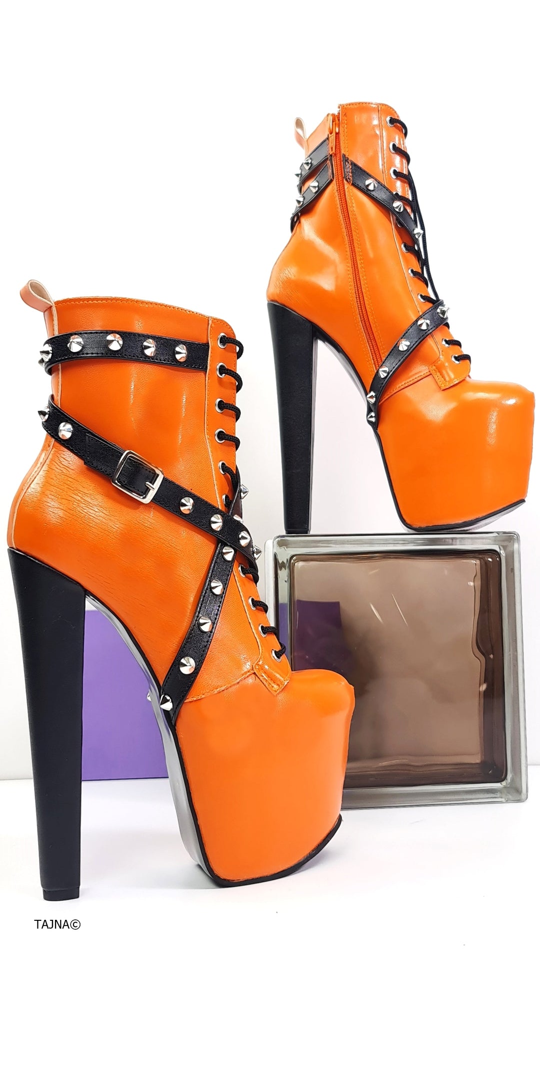 Orange Matte Spike Rocker Boots Tajna Club