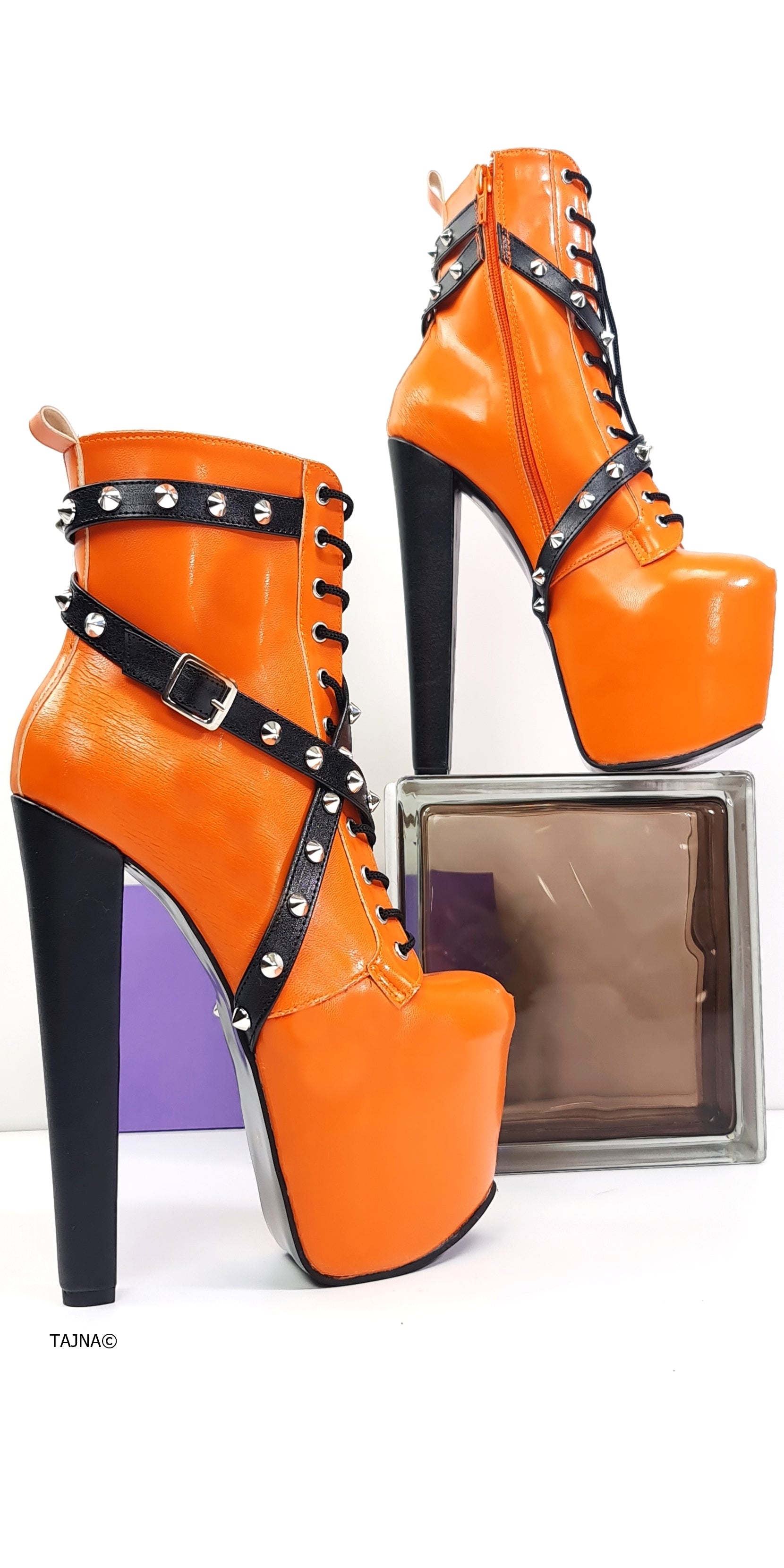Orange Matte Spike Rocker Boots Tajna Club
