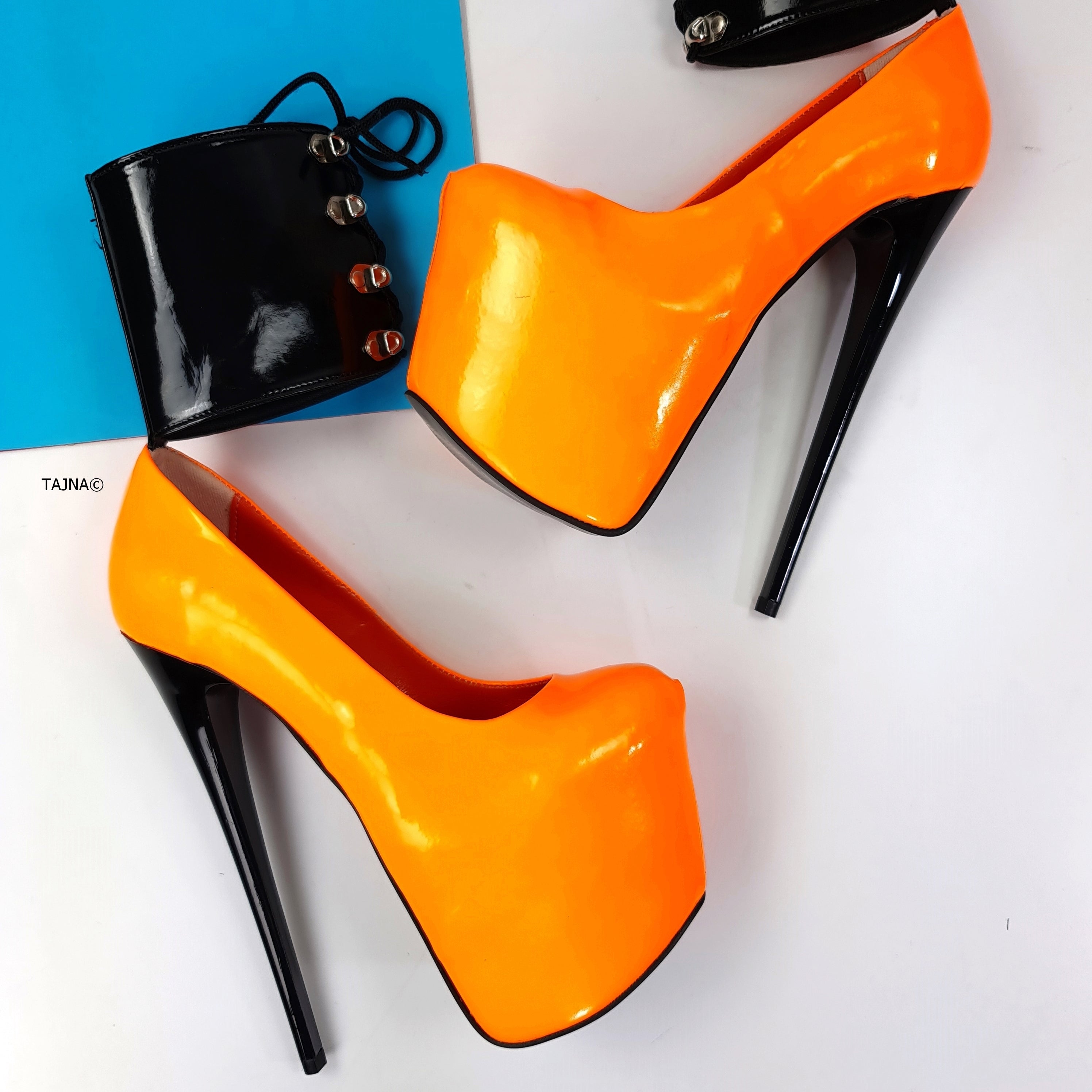 Orange Ankle Cuff Pink High Heel Bondage Shoes