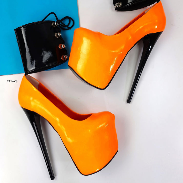Orange Ankle Cuff Pink High Heel Bondage Shoes