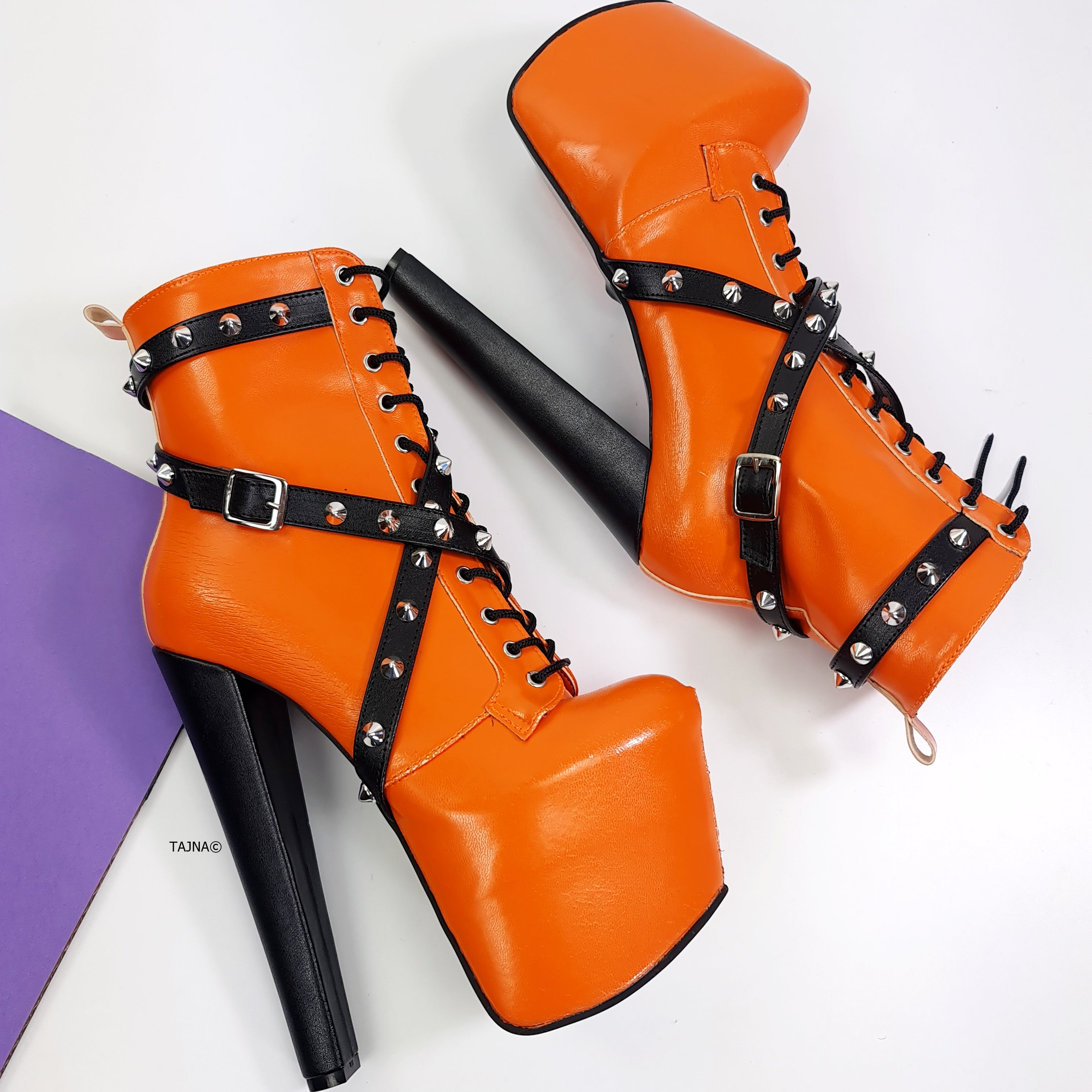 Orange Matte Spike Rocker Boots Tajna Club