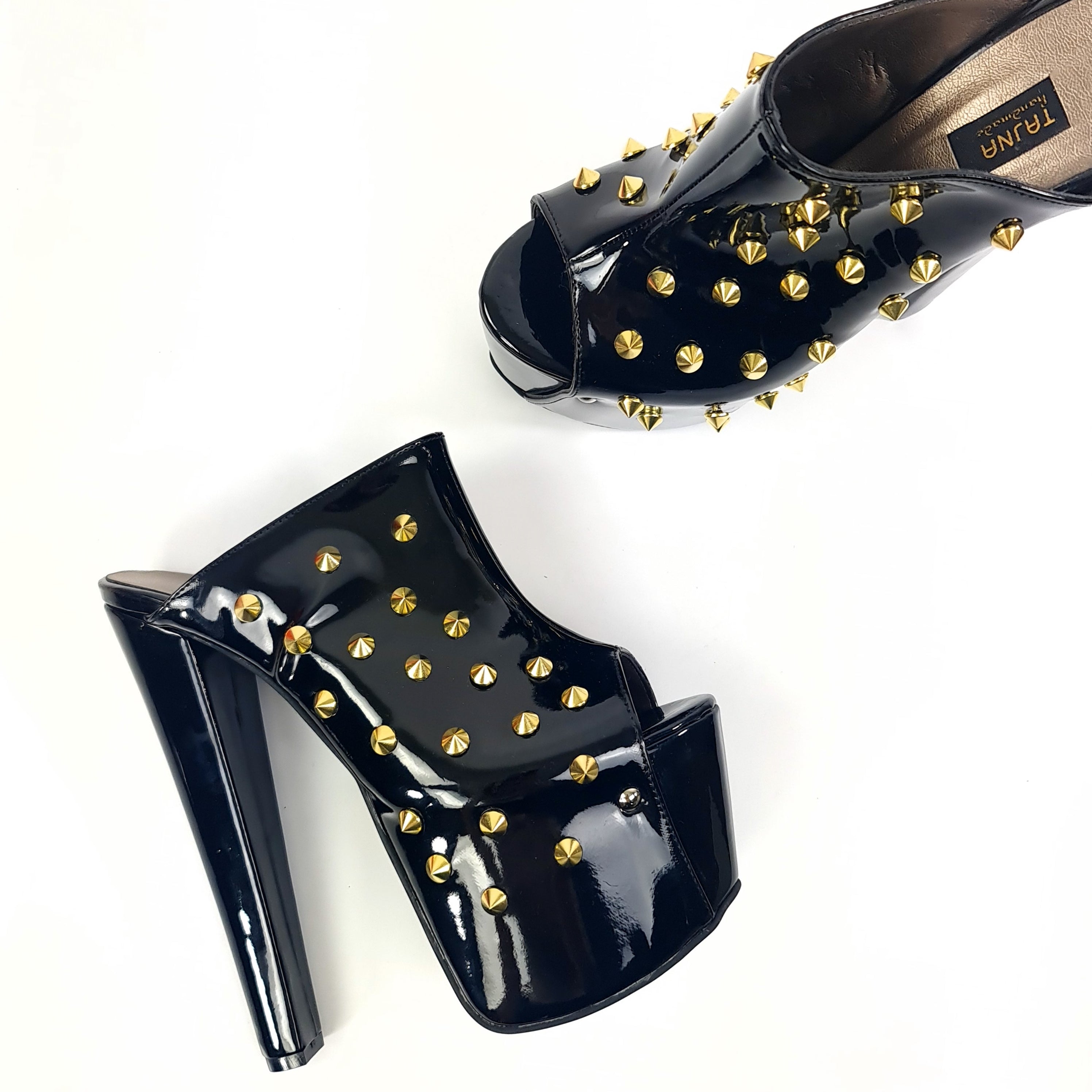 Golden Spike Black Gloss Chunky Heel Mules