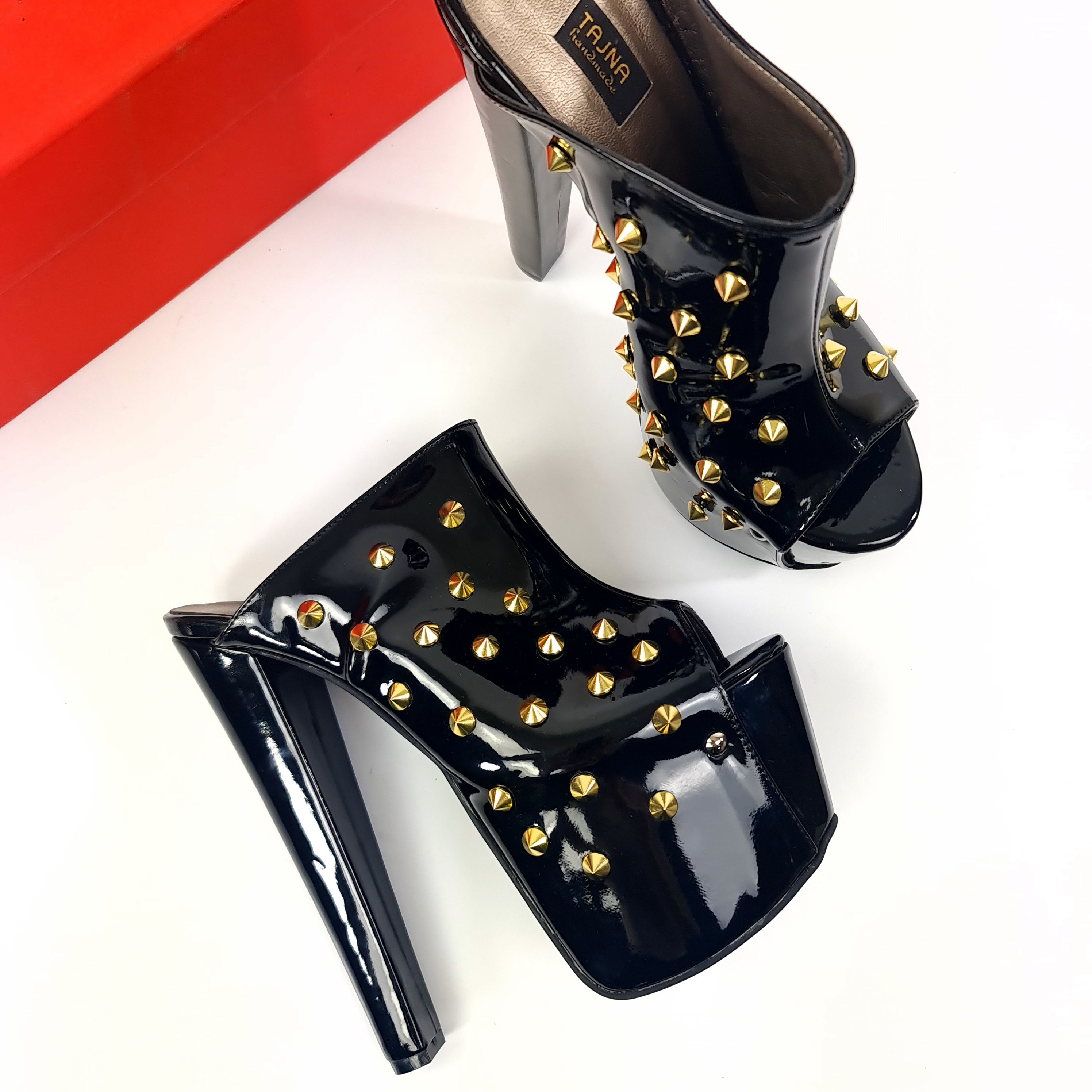 Golden Spike Black Gloss Chunky Heel Mules