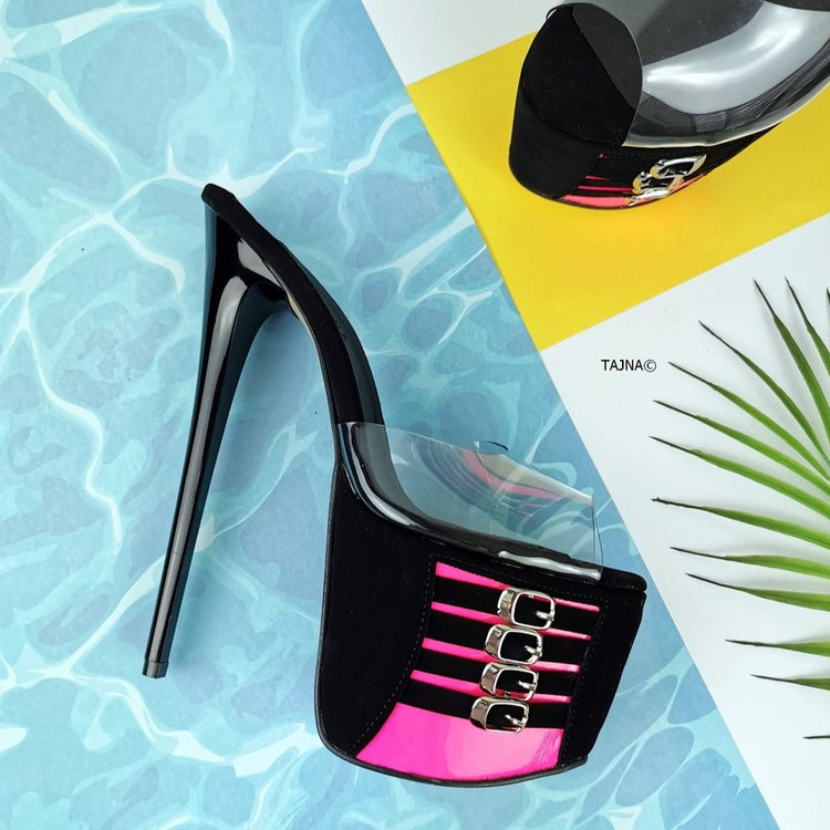 Black Pink Belted Transparent Strap Mules - Tajna Club
