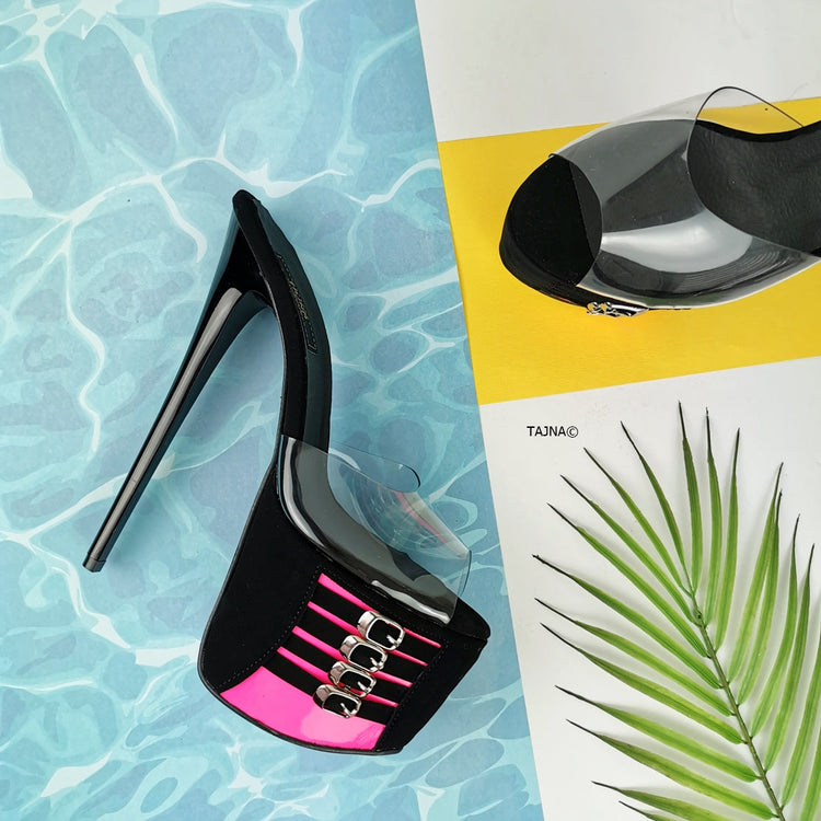 Black Pink Belted Transparent Strap Mules - Tajna Club