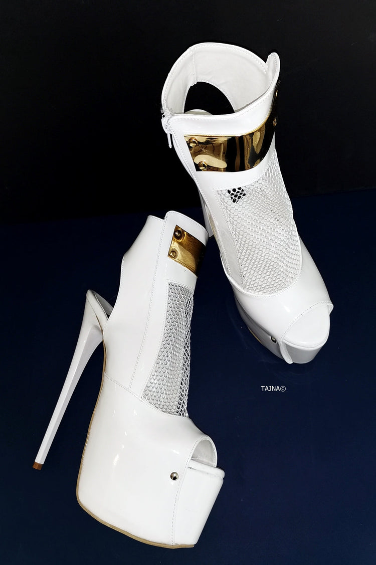 White Patent Fishnet Detail Designer Heels - Tajna Club