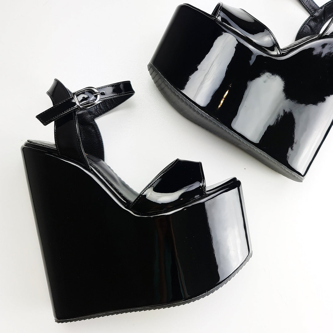 Black Gloss High Heel Wedge Platform Sandals Tajna club Shoes