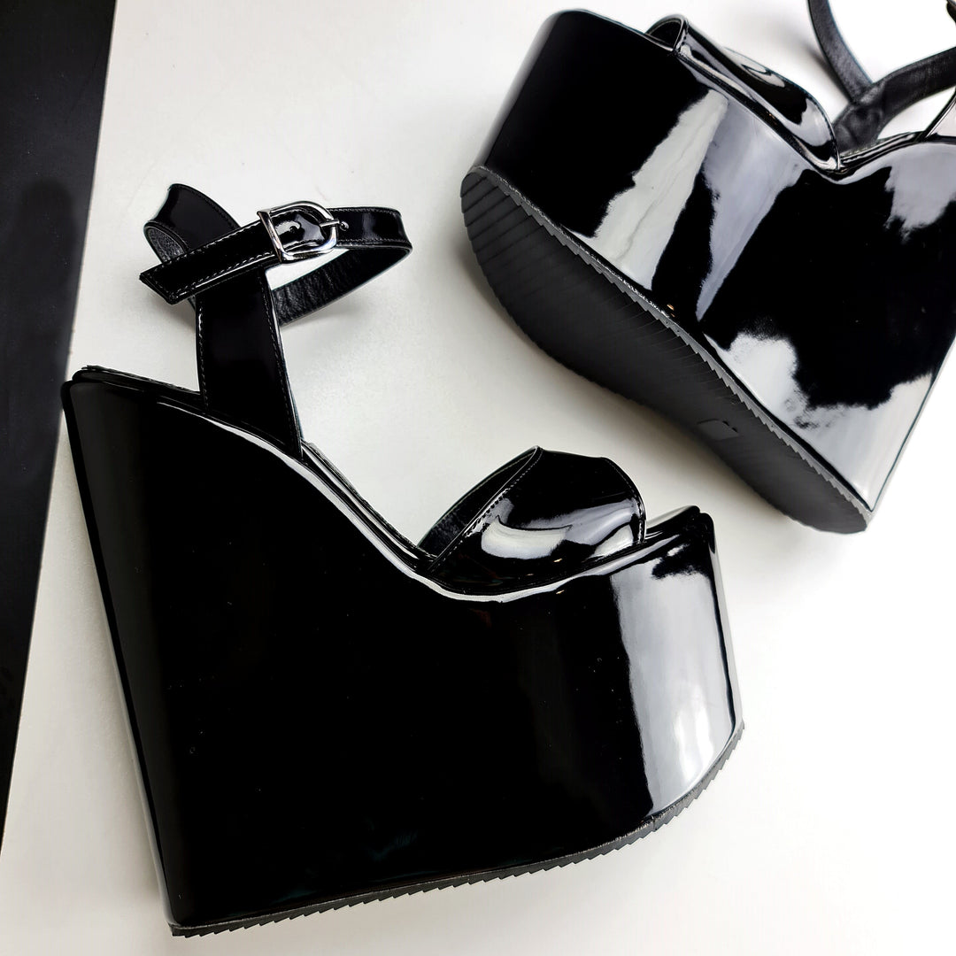 Black Gloss High Heel Wedge Platform Sandals Tajna club Shoes