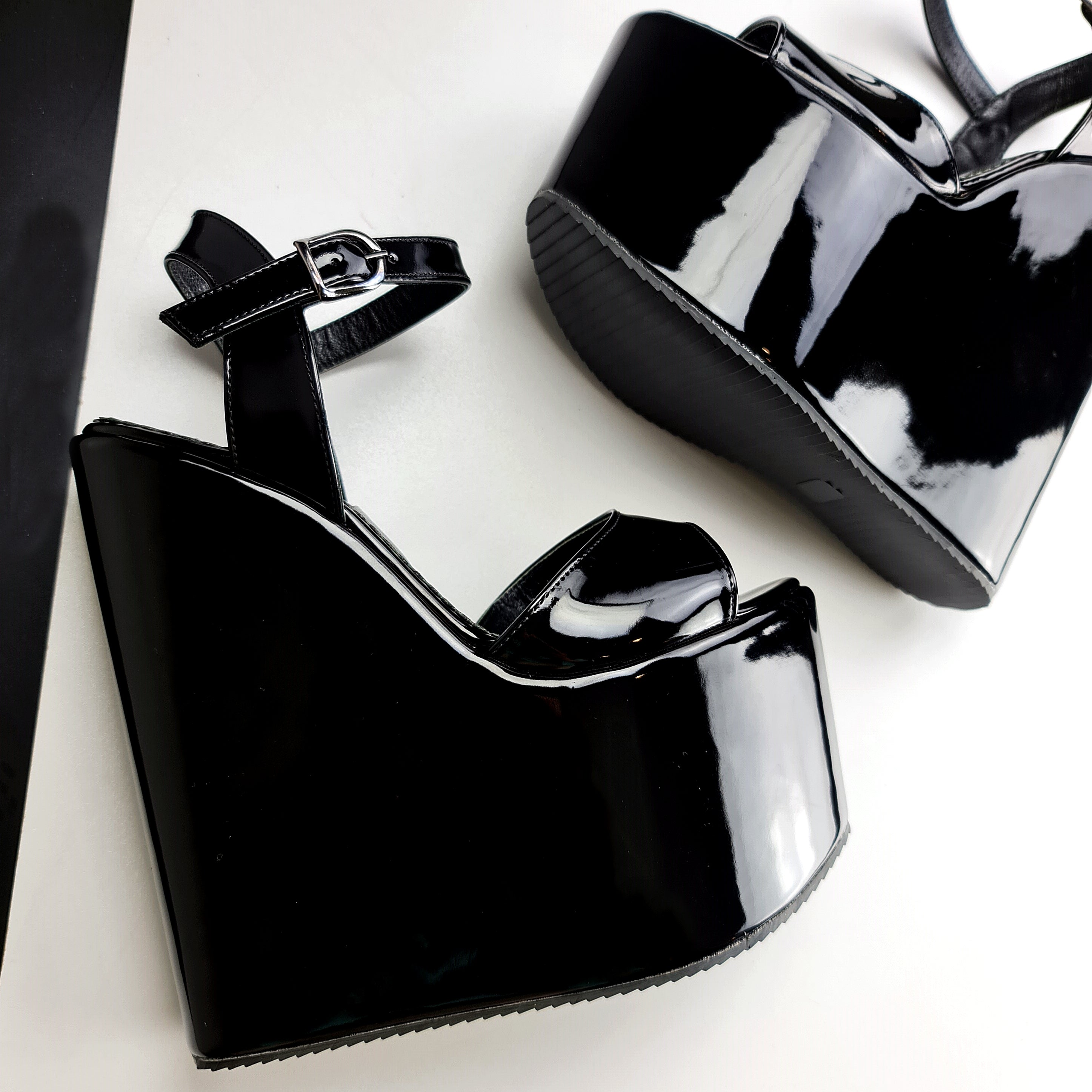 Black Gloss High Heel Wedge Platform Sandals Tajna club Shoes