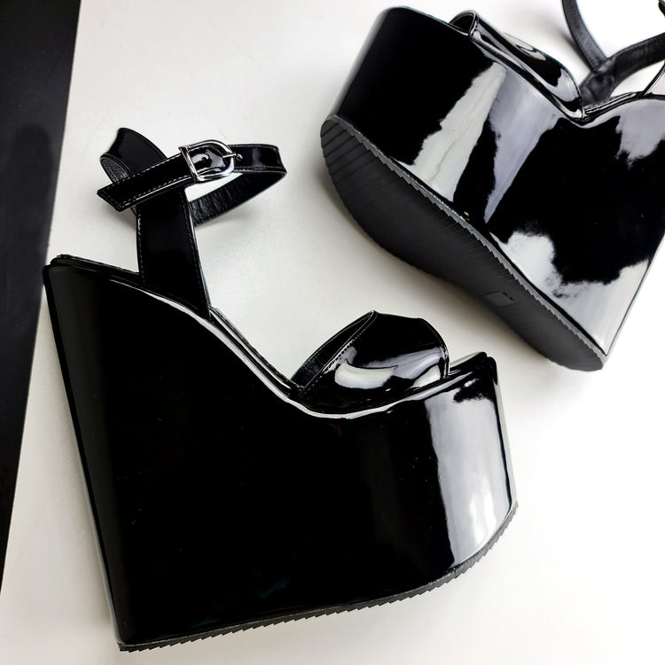 Black Gloss High Heel Wedge Platform Sandals Tajna club Shoes