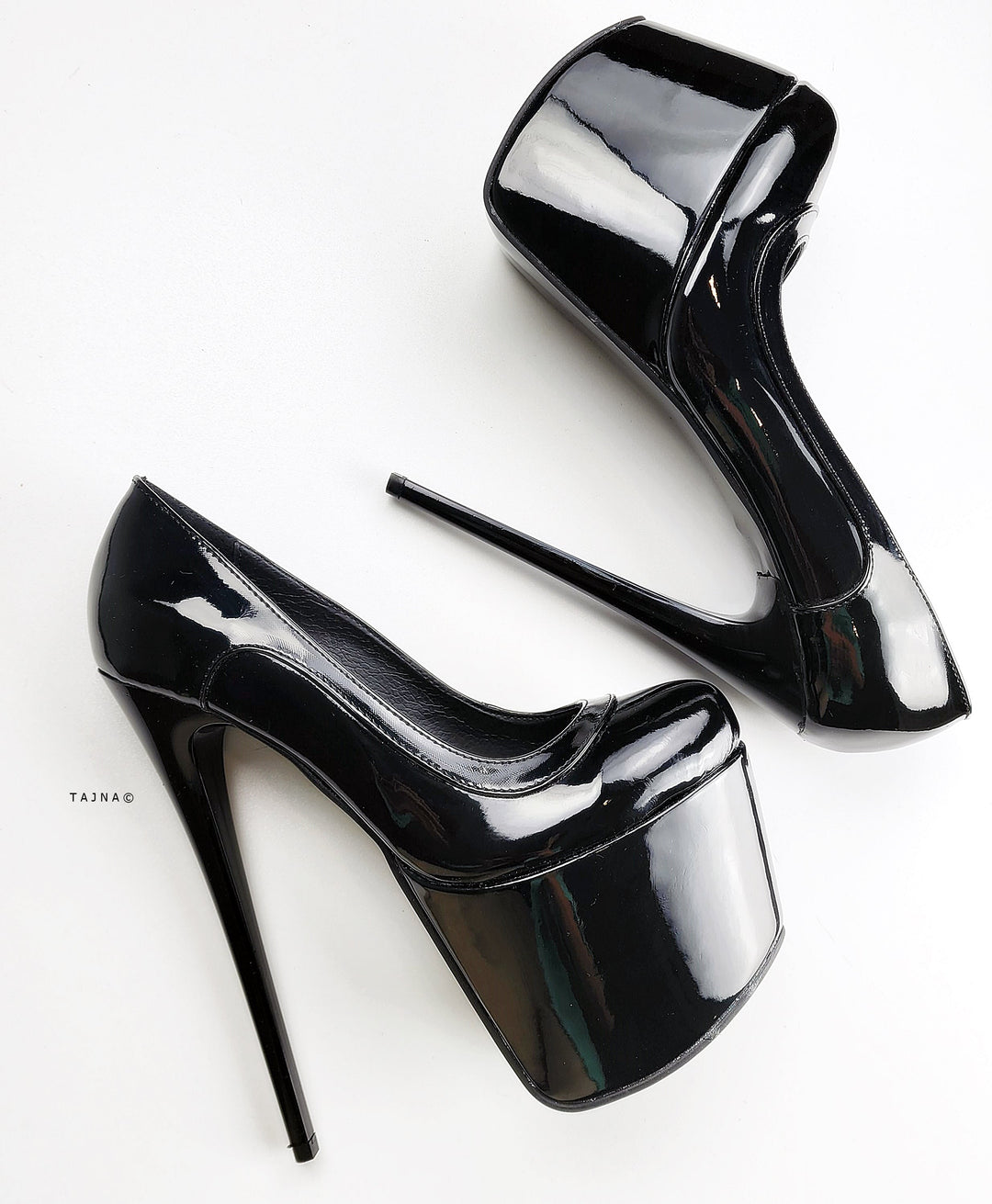 Double Black Gloss High Heel Platform Heels Tajna Club Shoes