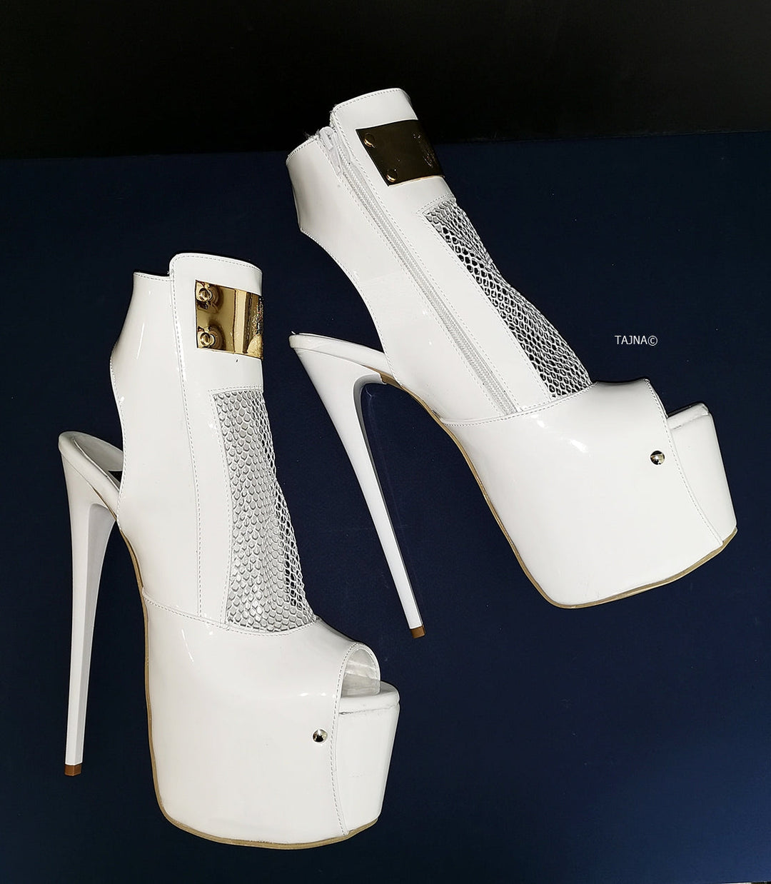 White Patent Fishnet Detail Designer Heels - Tajna Club
