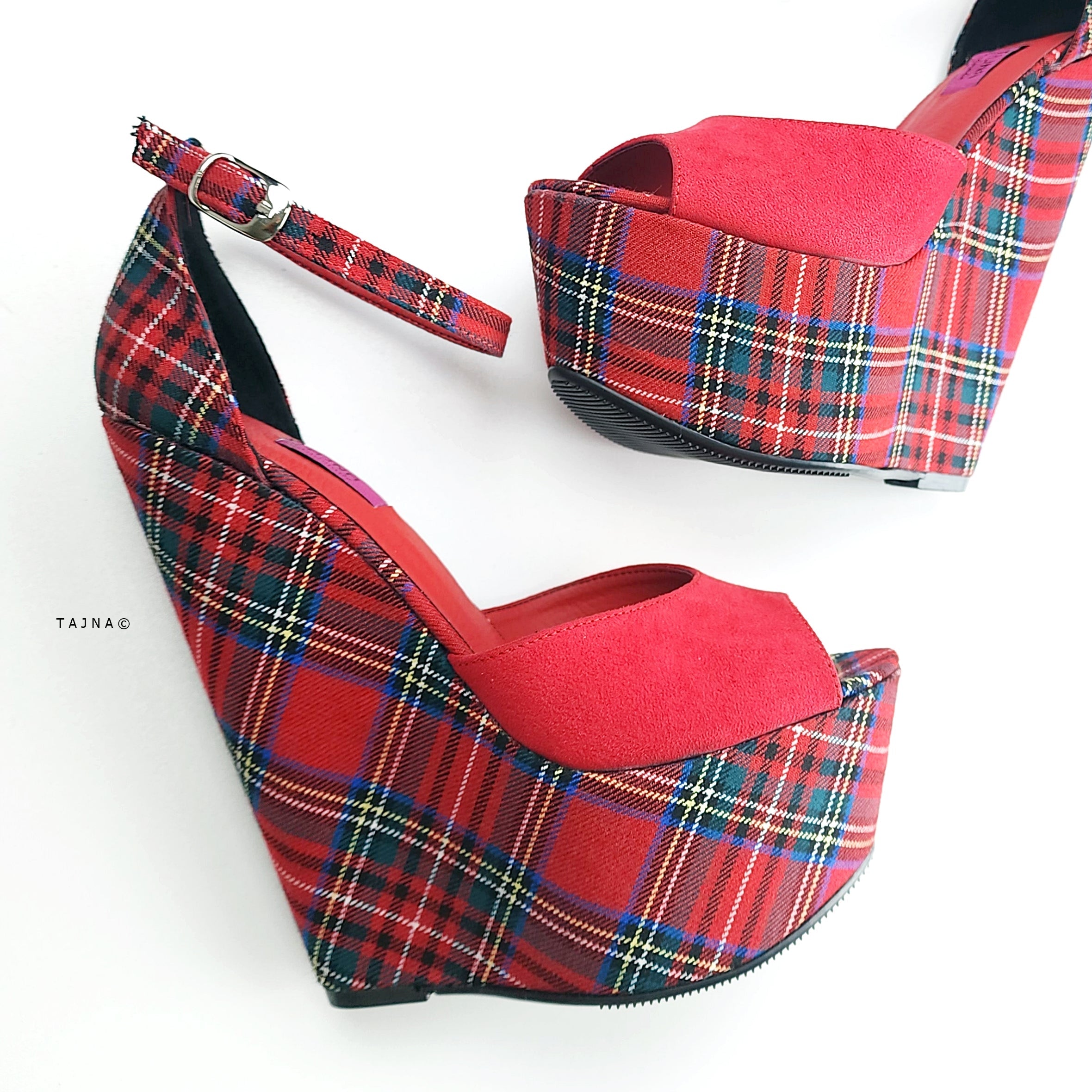 Tartan Red Suede Ankle Strap Wedge Sandals Ankle Strap Tajna Club Shoe