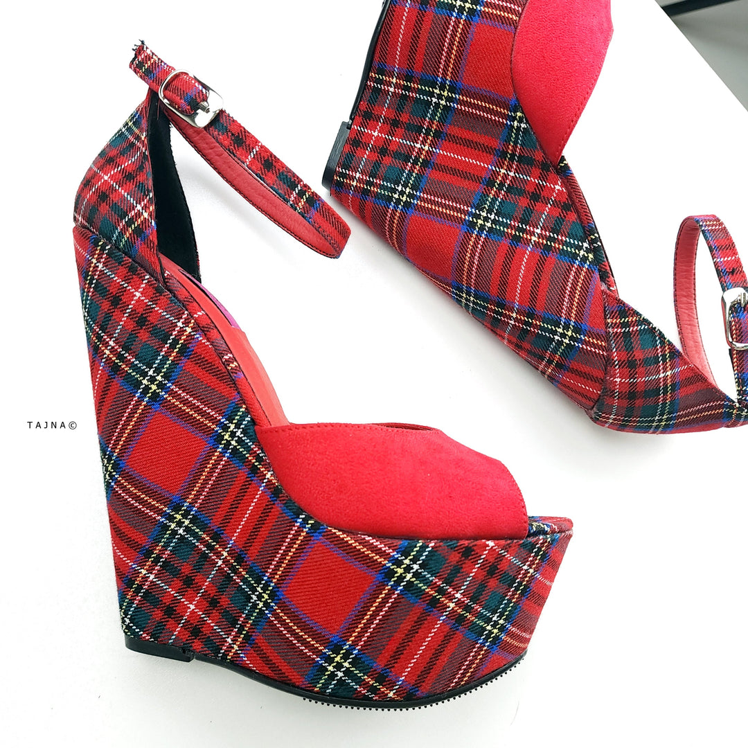 Tartan Red Suede Ankle Strap Wedge Sandals Ankle Strap Tajna Club Shoe
