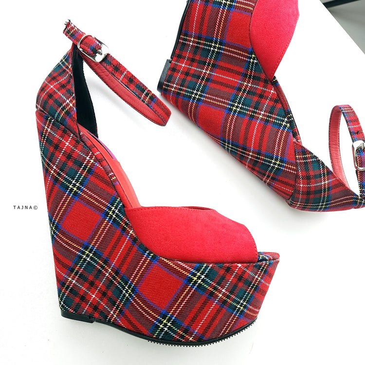 Tartan Red Suede Ankle Strap Wedge Sandals Ankle Strap Tajna Club Shoe