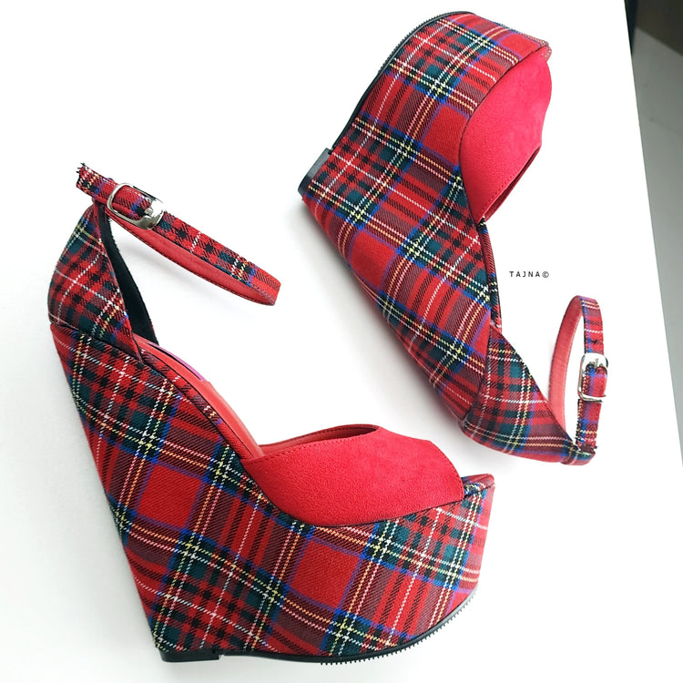 Tartan Red Suede Ankle Strap Wedge Sandals Ankle Strap Tajna Club Shoe