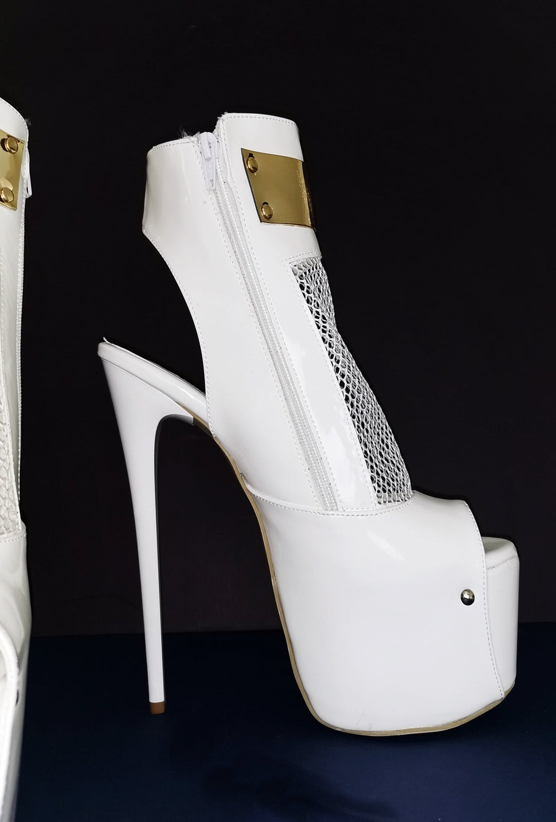 White Patent Fishnet Detail Designer Heels - Tajna Club