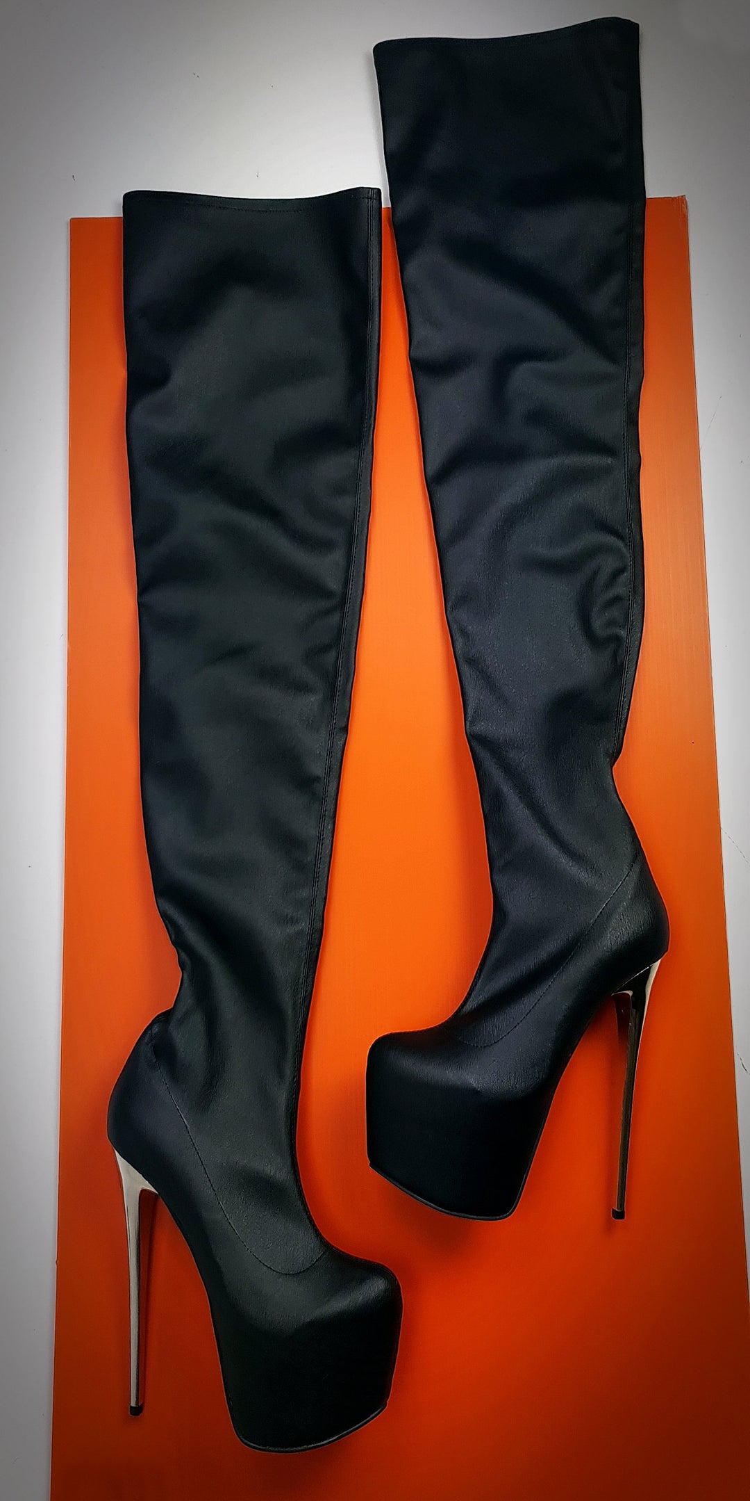 Metallic Heel Black Matte High Heel Thigh Boots Tajna Club Shoes