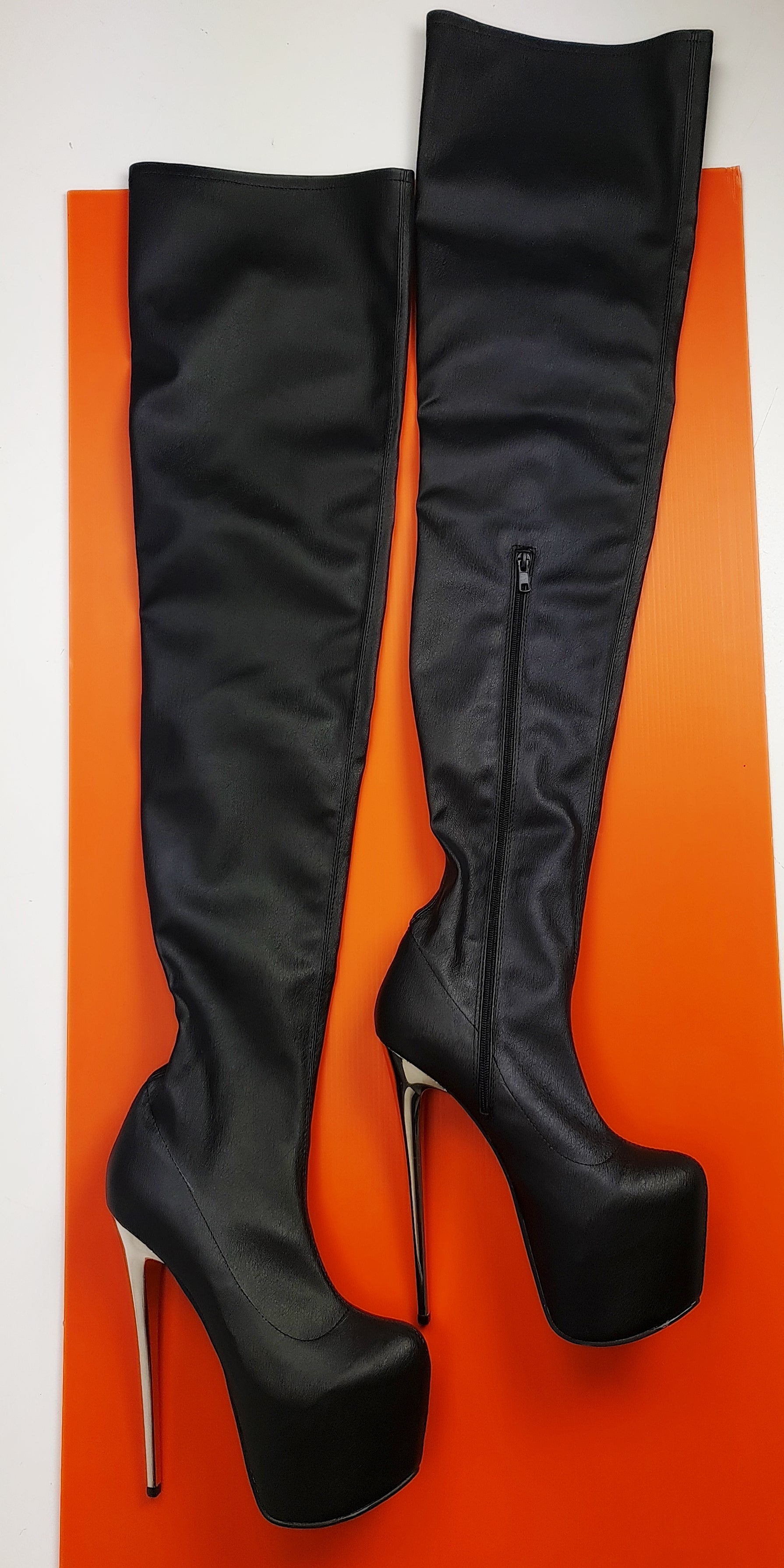 Metallic Heel Black Matte High Heel Thigh Boots Tajna Club Shoes