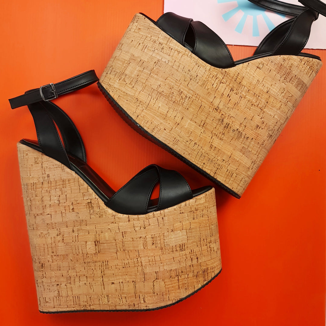 Cross Strap Black High Heel Wedge Platform Sandals Tajna Club shoes