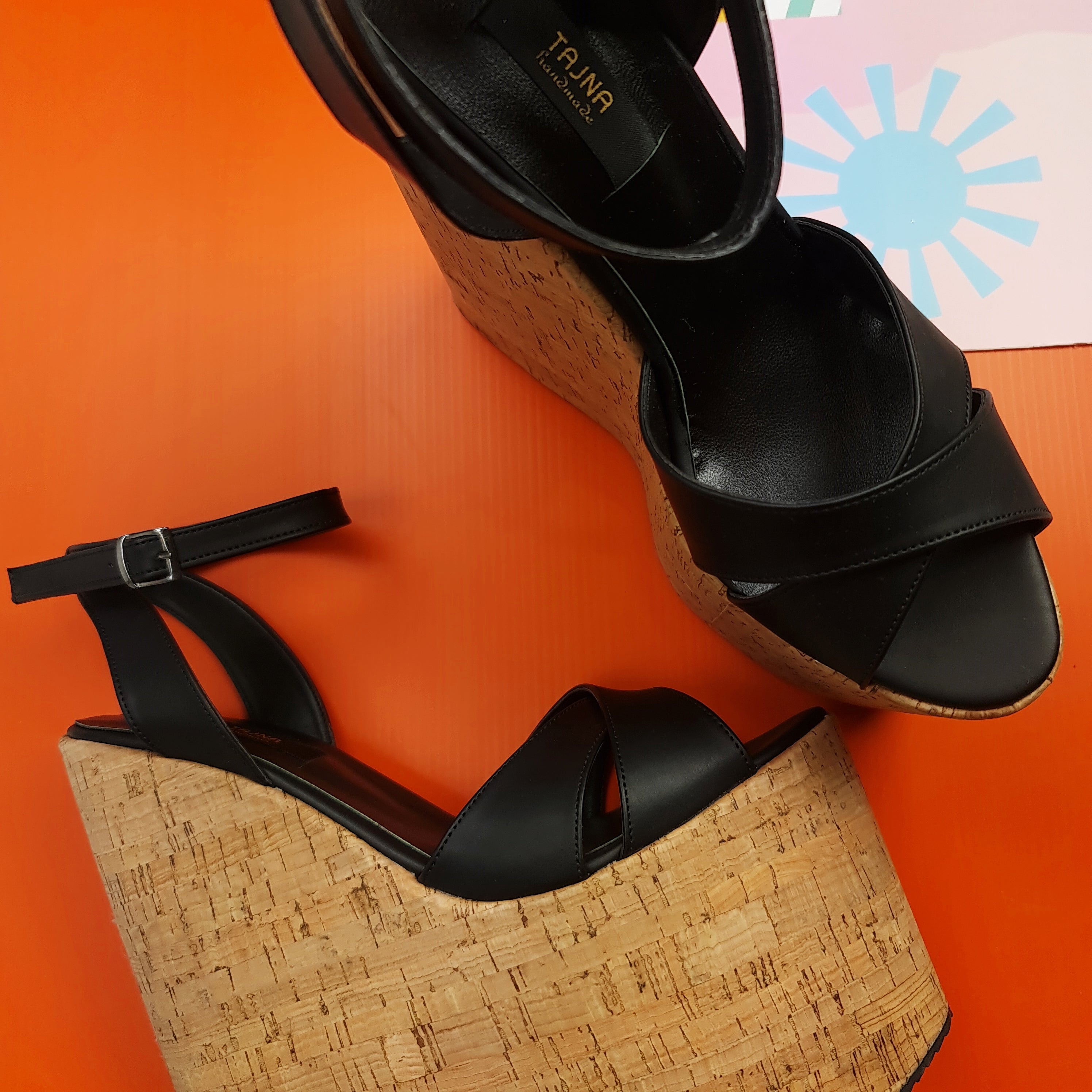 Cross Strap Black High Heel Wedge Platform Sandals Tajna Club shoes