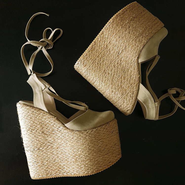 Beige Lace Up  Espadril High Heel Platform Wedges Tajna club Shoes