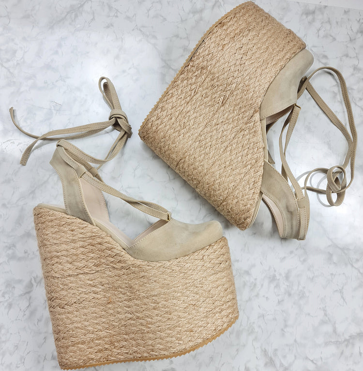 Beige Lace Up  Espadril High Heel Platform Wedges Tajna club Shoes
