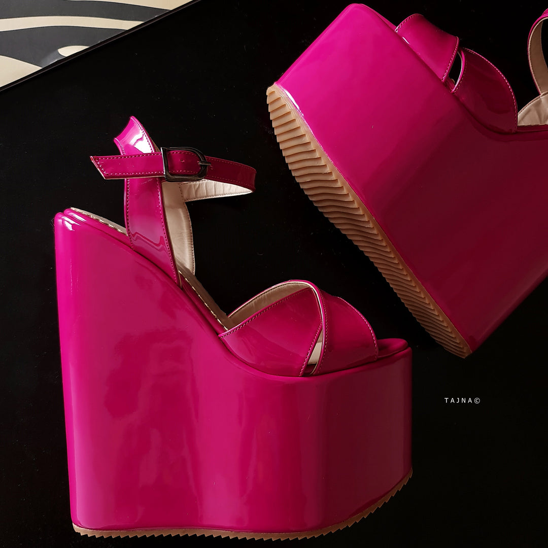Fuschia Pink Gloss High Heel Wedge Platform Shoes