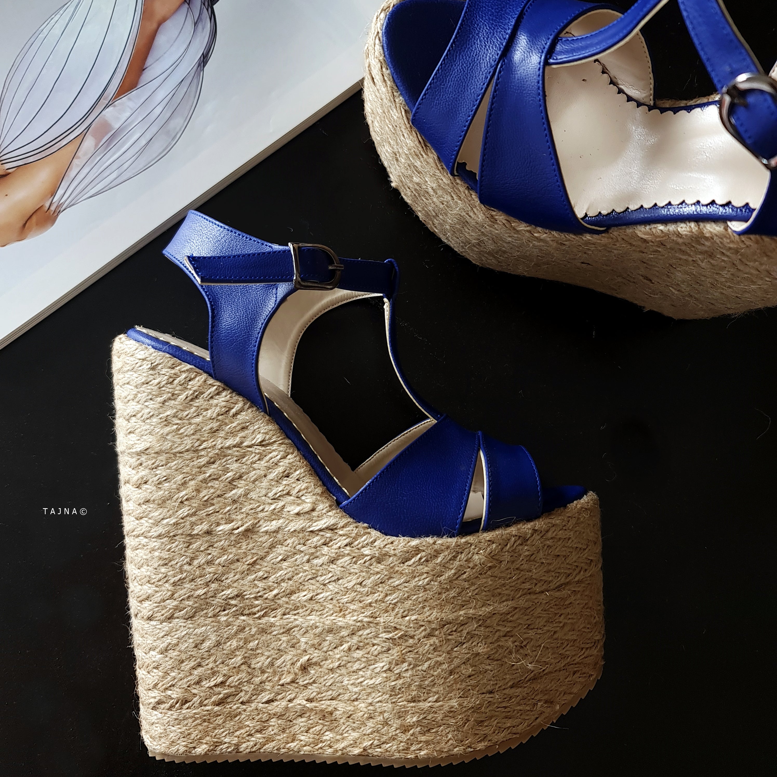 Blue T-Strap High Heel Wedge Platform Espadrils Tajna Club Shoes