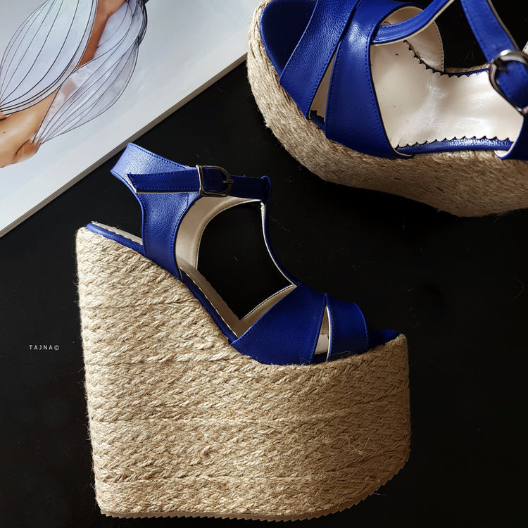 Blue T-Strap High Heel Wedge Platform Espadrils Tajna Club Shoes