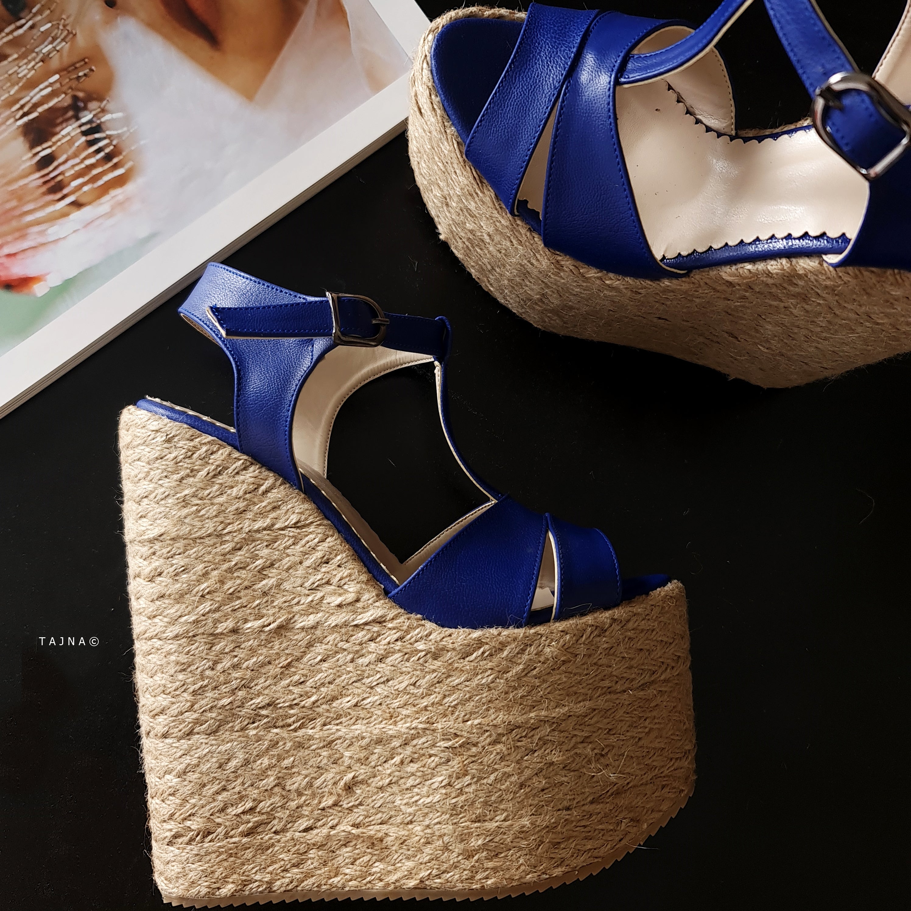 Blue T-Strap High Heel Wedge Platform Espadrils Tajna Club Shoes