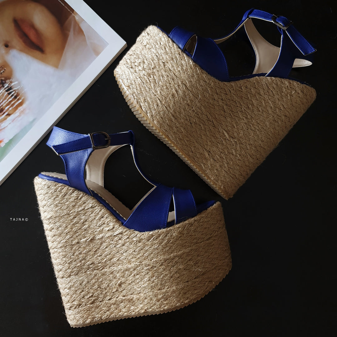 Blue T-Strap High Heel Wedge Platform Espadrils Tajna Club Shoes