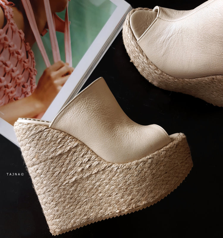 Cream Genuine Leather Espadril Heel Wedge Mules Platform Tajna Club shoes