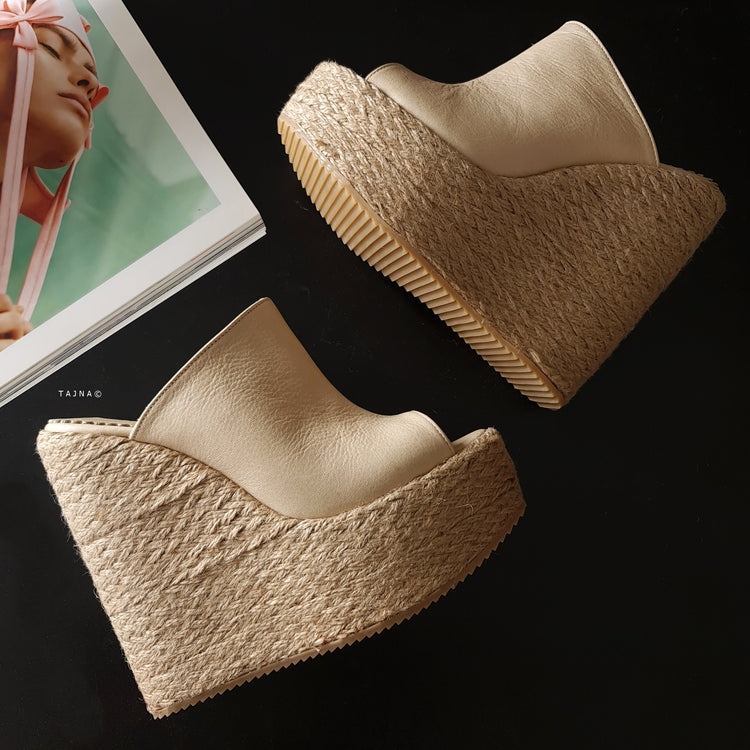 Cream Genuine Leather Espadril Heel Wedge Mules Platform Tajna Club shoes