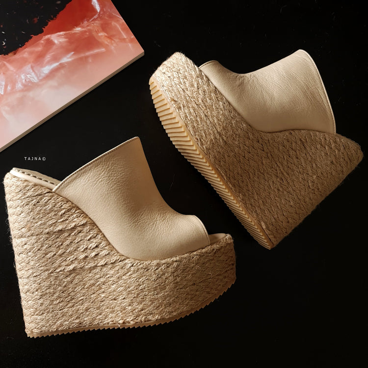 Cream Genuine Leather Espadril Heel Wedge Mules Platform Tajna Club shoes