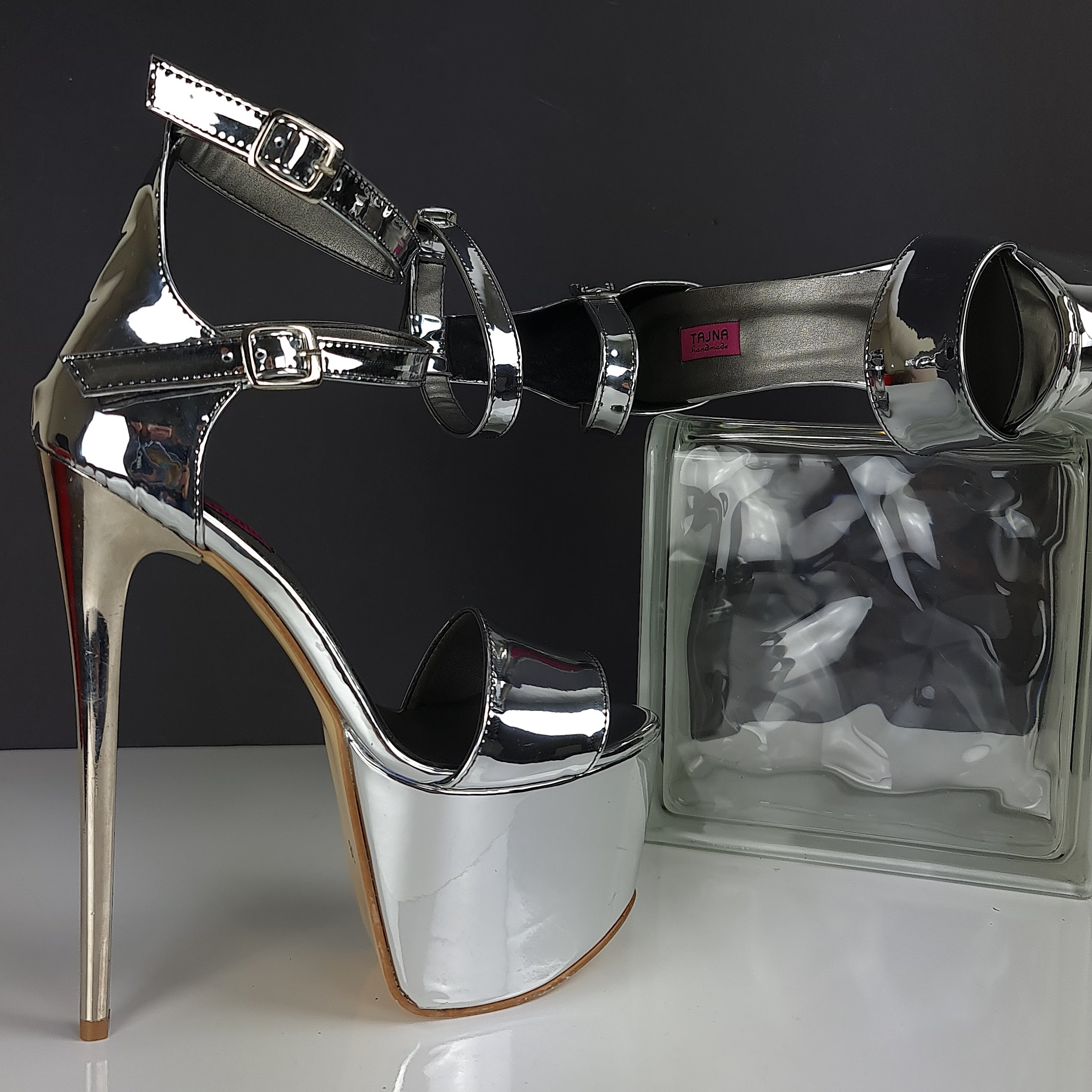 Silver Mirror Double Ankle Strap High Heels Tajna Club Shoes